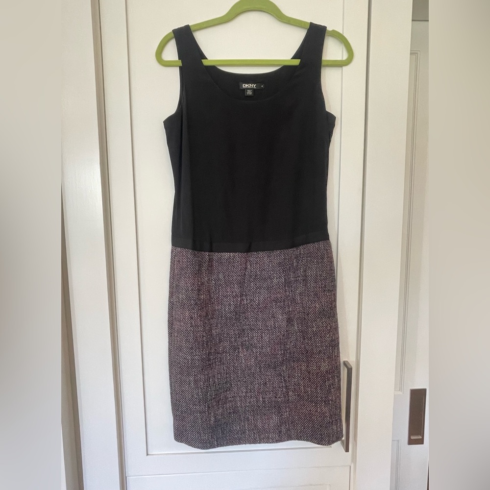 DKNY Sheath Dress with Black Top and attached Red Gray White Tweed Skirt SZ 4